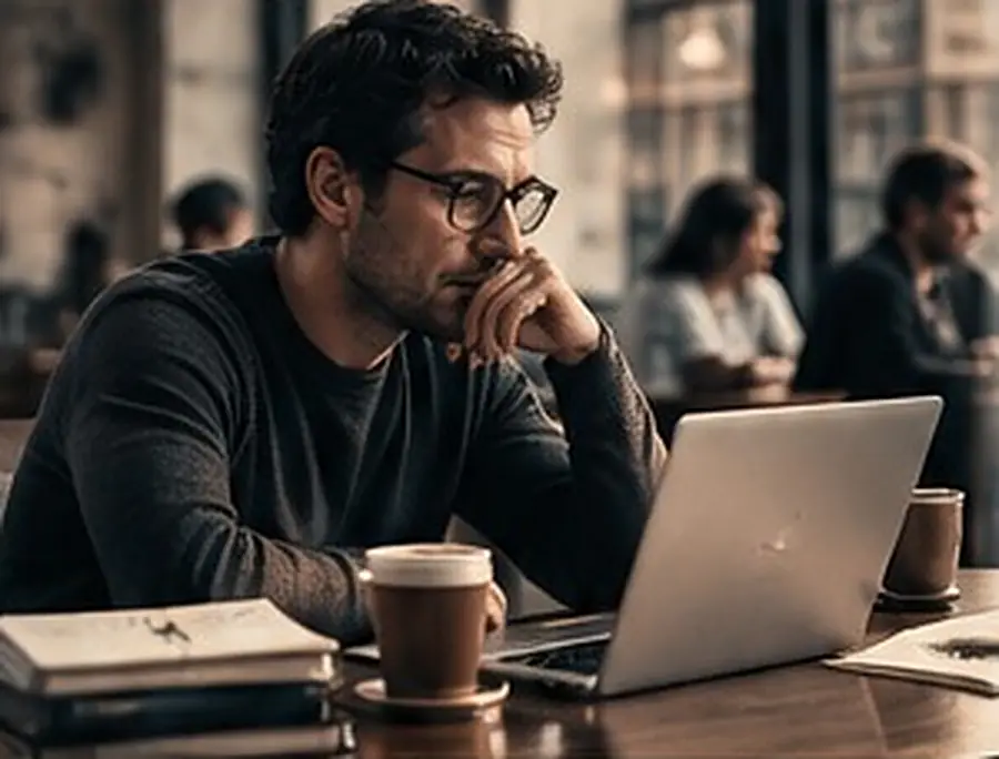 A lawyer working on a laptop in a cafe