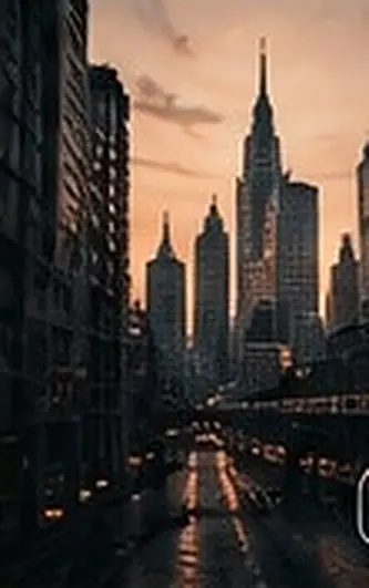 A city skyline at dusk
