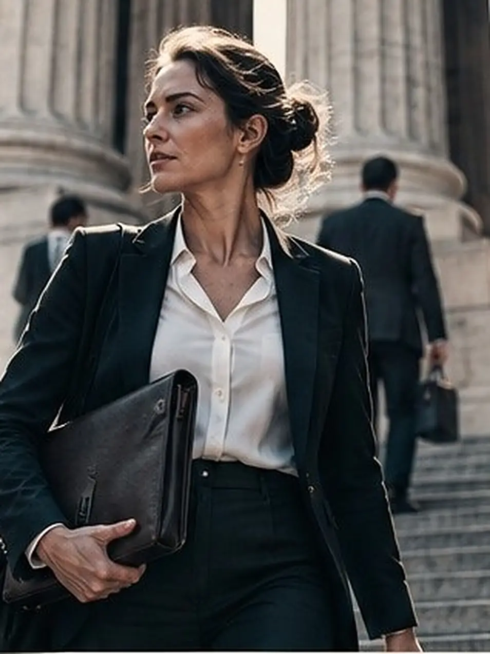 A lawyer walking down courthouse steps with a briefcase