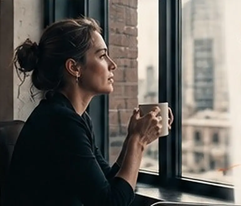 A lawyer taking a quiet moment by a window with a coffee